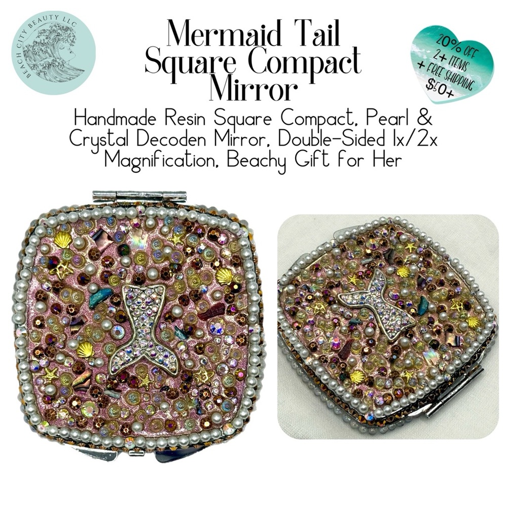 Mermaid Tail Square Compact Mirror Double-Sided 1x/2x Magnification